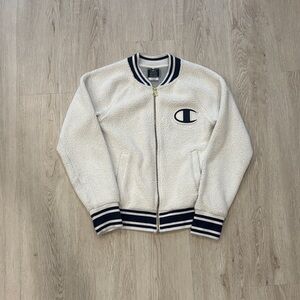 Champion Sherpa Fleece Varsity Bomber Jacket Cream White with Gold Zipper